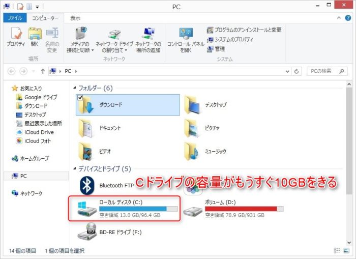 残容量がすくないCドライブ